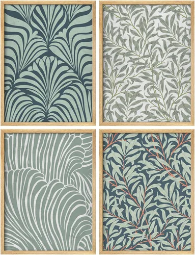 SIGNWIN Juego enmarcado abstracto, verde azulado y gris, ilustraciones de patrón botánico, arte moderno, decorativo, escénico, multicolor,