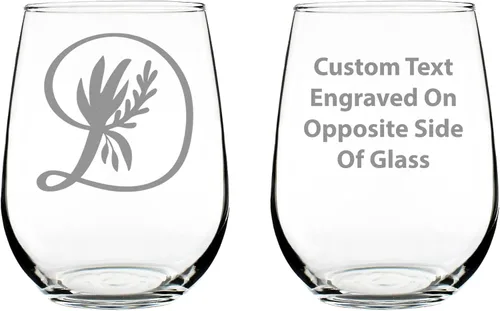 Custom Monogram Floral Letter D - Personalized Stemless Wine Glass - Personalized Gifts for Women and Men - Large Engraved 17 Oz Glasses -