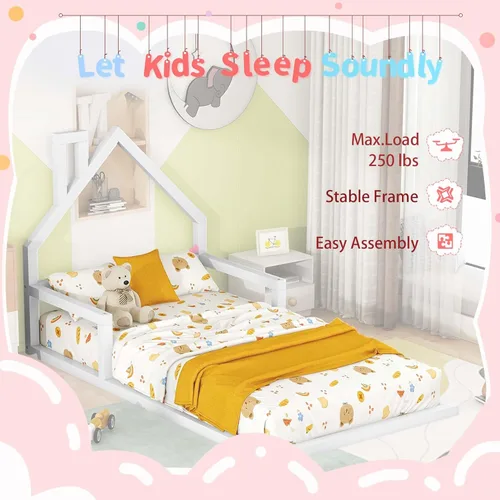 Vista 3 de Bellemave Marco de cama de suelo de tamaño individual, marco de cama de madera con cabecera en forma de casa, cama Montessori tamaño individual