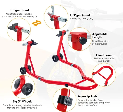Vista 3 de Donext - Soporte para rueda trasera de motocicleta (850 lb), soporte de elevación de brazo oscilante para bicicletas deportivas, rojo, U+L