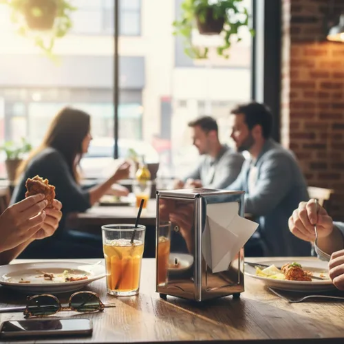 Vista 2 de TrueCraftware - Juego de 2 dispensadores de servilletas de acero inoxidable de doble cara con acabado pulido de 3-3/4 x 4-1/2 x 7-1/2 pulgadas