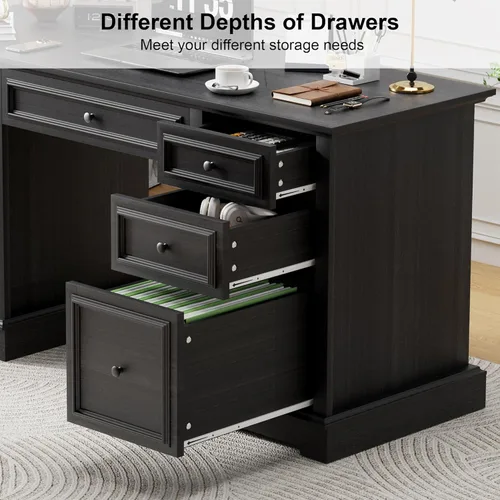 Vista 6 de Vipbear 60" Farmhouse Executive Desk with Drawers and Cabinet, Embossed Texture Wood Home Office Desk, Rustic Computer Writing Desk, Workspace for