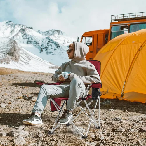 Vista 3 de Silla de camping Elevon, silla plegable portátil al aire libre con brazos, soporte para tazas y bolsa de transporte