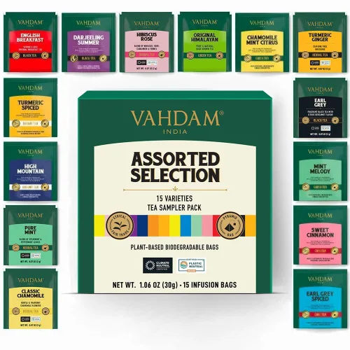 VAHDAM, Paquete de té variado, 15 SABORES | Muestrario de té premiado | Té negro, té verde, té oolong, té chai, té de hierbas - Bolsas de té