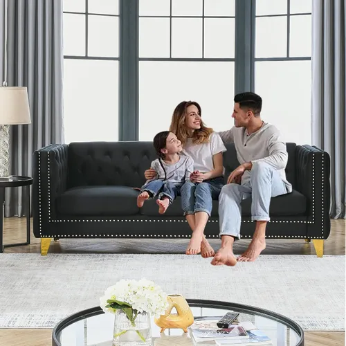 Vista 13 de Juego de 2 sofás de terciopelo beige de 81 pulgadas de 3 plazas, botones copetudos y brazo cuadrado, cabezas de uñas doradas con incrustaciones y 4