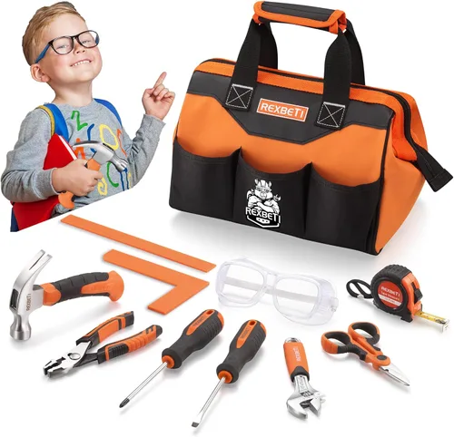 REXBETI Juego de 10 piezas de herramientas para niños con herramientas manuales reales, bolsa de almacenamiento naranja duradera, juego de