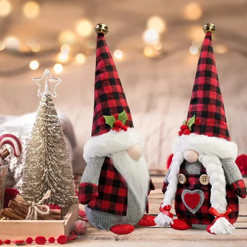 Vista 7 de Gnomos de Navidad de peluche con cuadros de búfalo rojo, paquete de 2 figuras hechas a mano para Navidad, San Valentín, Tomte, figuritas
