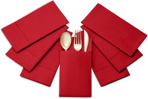 Vista 7 de Paquete de 50 servilletas desechables de lino con bolsillo integrado para cubiertos, color rojo brillante, como servilletas de papel para Navidad