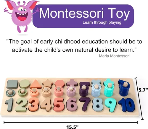 Vista 7 de BEKILOLE Juguetes de madera Montessori para niños pequeños: rompecabezas de números, clasificador de formas, juego de apilamiento para contar