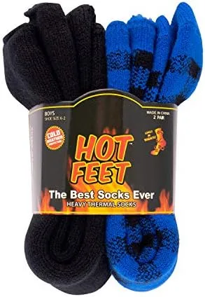 HOT FEET Boys and Girls 2 Pack Heavy Thermal Socks - Traps in Warmth - Thick Insulated Crew for Hiking and Cold Weather