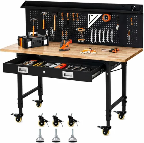 Vista 13 de Banco de trabajo ajustable resistente de 48 x 24 x 1.2 pulgadas con parte superior de madera de goma, almacenamiento de cajones, tira