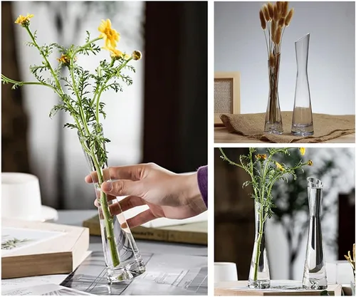 Vista 6 de Jarrón de cristal soplado hecho a mano, pequeño jarrón de vidrio transparente, jarrón de flores de vidrio, base pesada, jarrón de flores de un solo