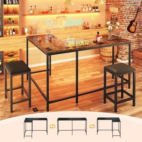 Vista 11 de HUAHUU Juego de mesa de bar y sillas para 2-4, mesa de cocina convertible en forma de L de 63 pulgadas con tomas de corriente, mesa de comedor