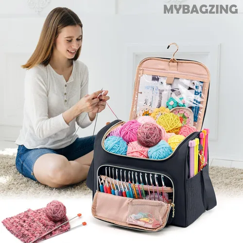 Vista 7 de MYBAGZING Organizador de bolsas de ganchillo, bolsa de almacenamiento acolchada con gancho para colgar, soporte de hilo para tejer y accesorios