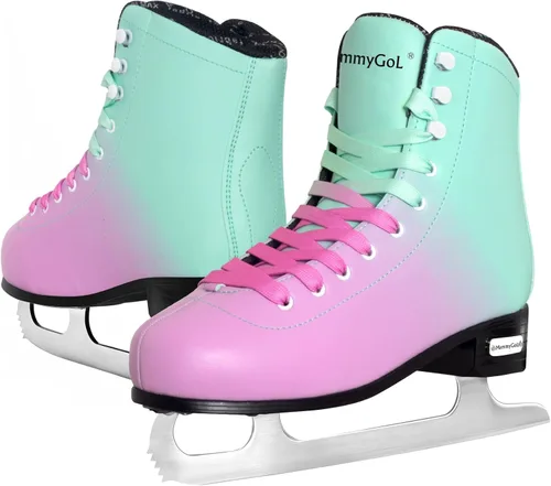 MammyGol Classic Ice Figure Skates for Womens/Misses/Girls Lace up with Stainless Steel Blade Light Support Ice Figure Skates in Red Teal Color
