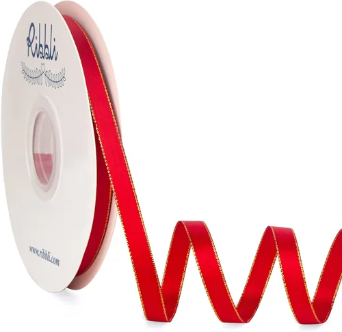 Ribbli Cinta de satén rojo con borde dorado, satén de doble cara de 38 pulgadas x 50 yardas, uso de cinta roja para manualidades, envoltura de