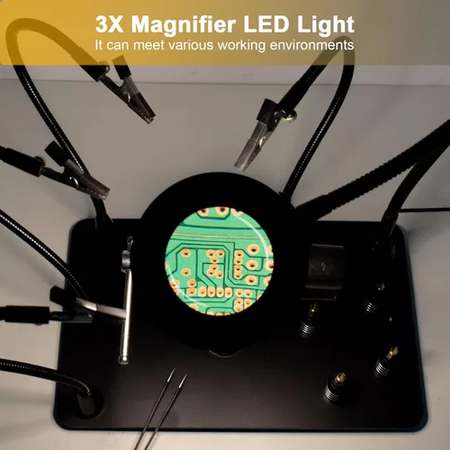Vista 6 de Manos magnéticas que ayudan a soldar tercera mano, soporte para placa de circuito PCB con lámpara de aumento LED 3X, soporte para pistola de aire