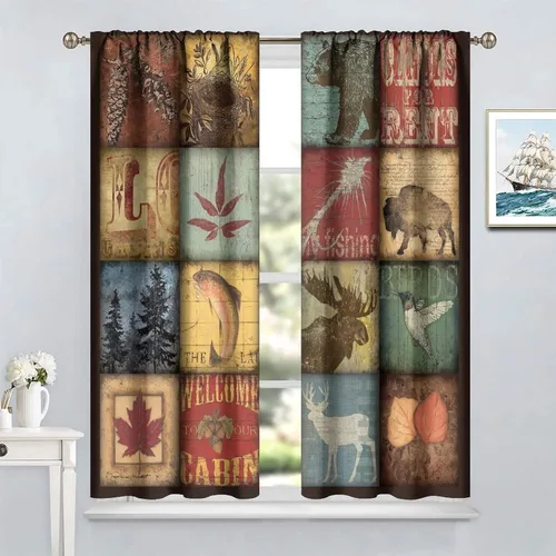Vista 8 de Cortina de ventana rústica vintage para cocina, estilo retro, granja, oso, ciervo, decorar, cortinas para sala de dormitorio universitario, 72 x 63