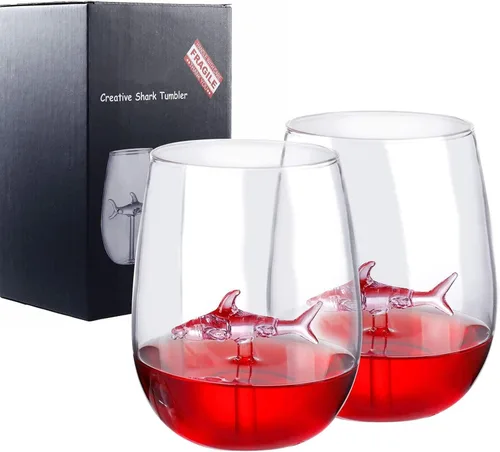 Vista 8 de Copas de vino de tiburón, copas de vino personalizadas sin tallo con tiburón en el interior (juego de 2), copas de vino tinto geniales, regalos