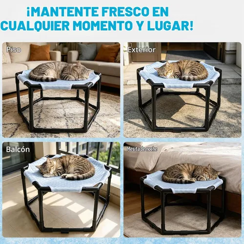 Vista 9 de Cama hamaca elevada para gatos, cuna hexagonal elevada para gatos con tela transpirable de gorro de hielo y bloque antideslizante, alfombrilla