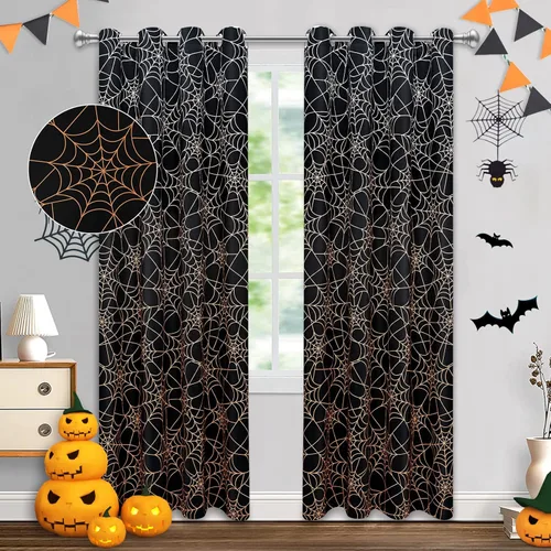 Vista 11 de Cortinas opacas de Halloween para sala de estar y dormitorio, cortina de ventana de tela de araña de 63 pulgadas de largo, 2 paneles de cortinas