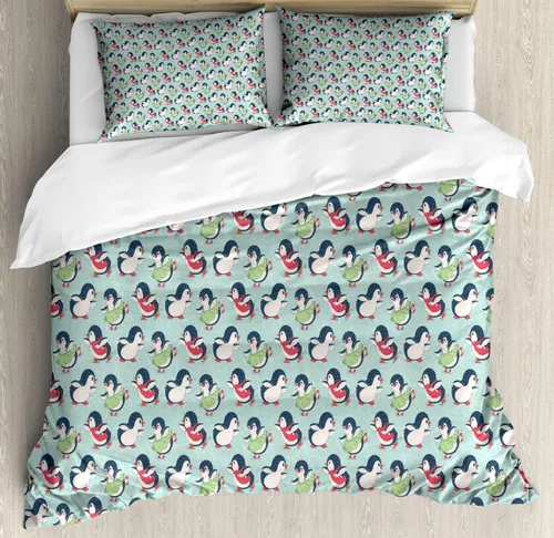 Ambesonne Penguin Duvet Cover Sets, Cartoon Arctic Animals Ice Skating with Scarf and Skirts Pattern, Bedding Set with 2 Duvet Covers & 4