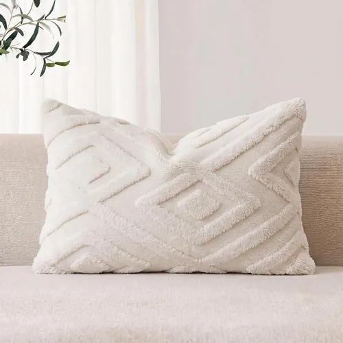 Vista 4 de Juego de 2 fundas de almohada de piel sintética beige de 16x16, funda de almohada decorativa de cuadros suave estilo boho para sofá, cama, sala
