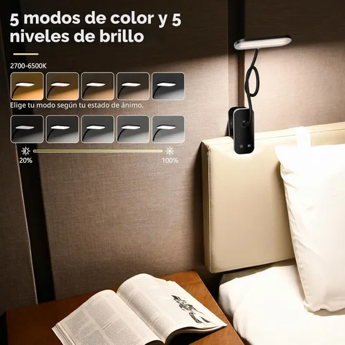 Vista 5 de Lámpara de escritorio LED recargable, luz de lectura de clip para Negro