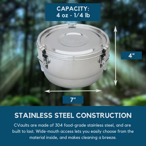 Vista 5 de CVAULT Contenedor de 1/4 lb Hermético y resistente a la luz Acero inoxidable de grado alimenticio Incluye paquete de humedad de 62% RH