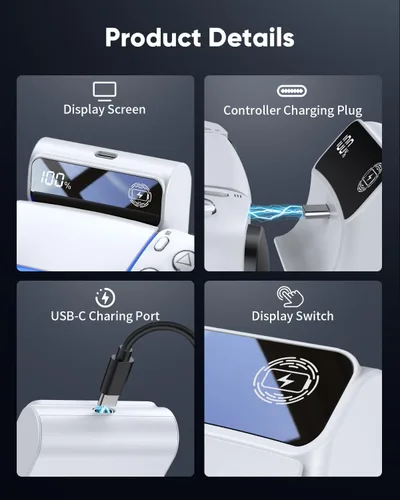 Vista 6 de FASTSNAIL [LED Display] 7400mWh Rechargeable Battery Pack for PS5 Controller, Battery Extender for PlayStation 5 DualSense Controller, Play and