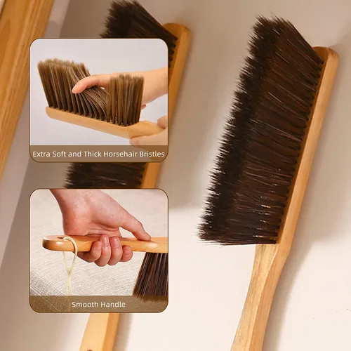 Vista 2 de Escoba de mano, cepillo para polvo, cepillo de pelo de caballo con mango de madera, plumero para mostrador, banco, automóvil, muebles, cama