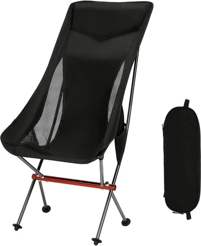 SHALLWE Camping Chairs, All Aluminum Frame Portable Folding Camp Chair for Adults, Heavy Duty High Back Collapsible with Built-in Pillow, Side