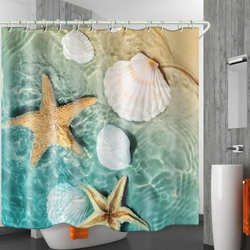 Vista 3 de LYFANS Cortina de Ducha para Baño con Diseño de Escalope de Playa 3D, Cortinas de Ducha Estándar para Bañera Lujosas, Cortinas de Ducha de Tela