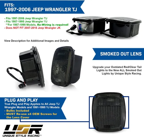 Vista 4 de USR DEPO 97-06 TJ Luces Traseras - Juego de Lámparas Traseras con Lente Completamente Ahumada Plug and Play (Izquierda + Derecha) Compatible
