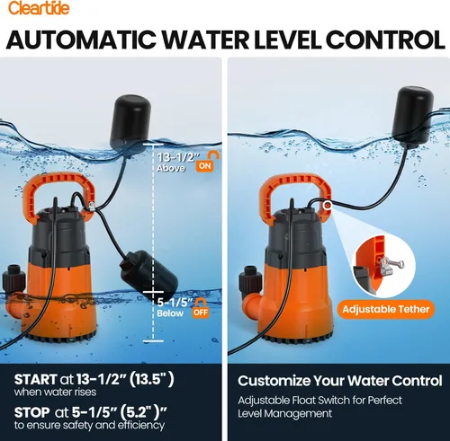 Vista 7 de Cleartide Bomba de sumidero sumergible con interruptor de flotador con correa, bomba de agua utilitaria de 1/2 HP, bomba de drenaje eléctrica maneja