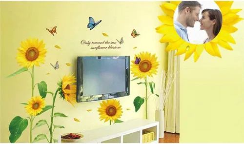 Vista 4 de BOLLAER Pegatina de pared de girasol, calcomanías de pared de girasol, calcomanía extraíble para decoración del hogar, decoración artística
