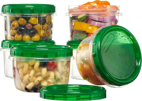 Vista 13 de PLASTICPRO Paquete de 6 recipientes de almacenamiento de alimentos con tapa giratoria con rosca verde, recipientes reutilizables de 4 onzas