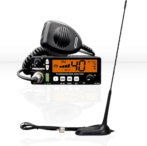 President Kit de radio resistente (HD) con Thomas FCC de 40 canales, radio CB AM/FM de 12/24 voltios y antena de montaje con imán Virginia F