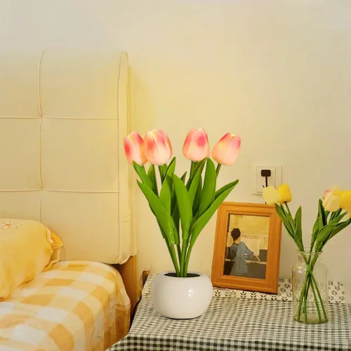 Vista 8 de Lámpara de mesa de tulipán, lámpara de mesa de tulipán, flor de tulipán, funciona con pilas, simulación de flores en maceta, decoración