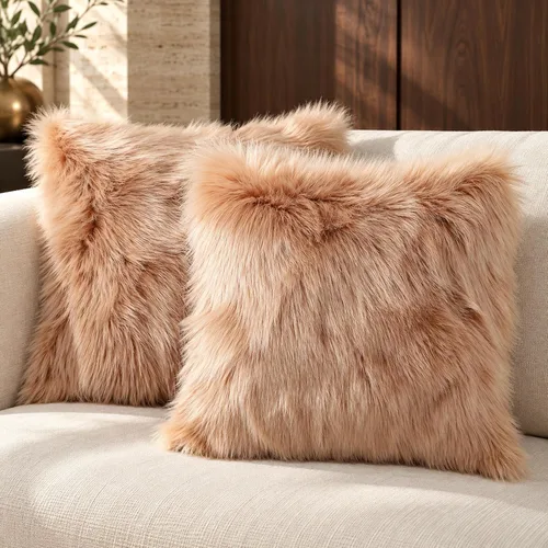 linmopm Funda de almohada de piel sintética de oveja con relleno excluido, pelo largo, color blanco, mullido, 18 x 18 pulgadas, color beige, 2