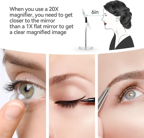 Vista 4 de MIYADIVA Espejo de maquillaje con aumento de 20X, espejo de aumento de doble cara 1X y 20X con soporte, espejo de tocador con aumento de mesa