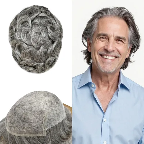 Vista 17 de Toupee - Sistemas de reemplazo de cabello para hombre, encaje frontal suizo, nudo blanqueado, pieza de cabello humano natural