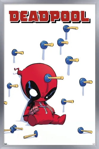 Vista 9 de Trends International Marvel Comics Deadpool - Póster de pared de dardos, 22.4 pulgadas de largo x 14.7 W, versión enmarcada de madera de granero