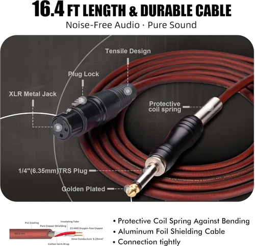 Vista 8 de Micrófono Dinámico - Micrófono Vocal Profesional para Cantar - Micrófono de Mano con Cable con Cable de Audio XLR de 16 ft a 1/4" - Micrófono