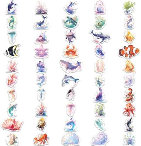 Vista 2 de 100 calcomanías de vida marina para botellas de agua, peces, medusas, tortugas, calcomanías para Hydro Flask portátil, álbumes de recortes