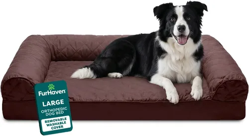 Vista 35 de Furhaven - Cama ortopédica para perros, estilo sofá, acolchada, con funda extraíble y lavable, marrón tostado, tamaño jumbo (XL)