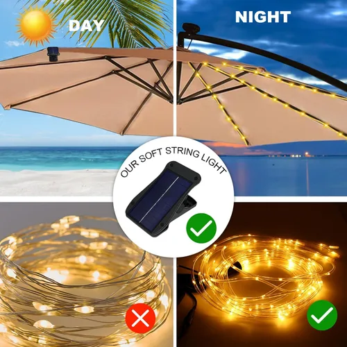 Vista 3 de ZNYCYE Luces solares para paraguas, luces solares para sombrilla de patio al aire libre con clip de panel solar de 5 V, 112 luces LED impermeables
