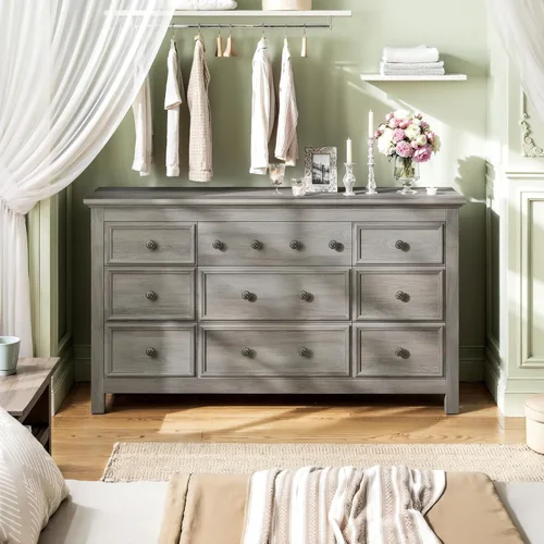 Vista 2 de HolliWill Cómoda gris de 9 cajones, cómoda grande de 57 pulgadas para dormitorio, cajones de madera con mango de metal, soporte de TV para TV de 70