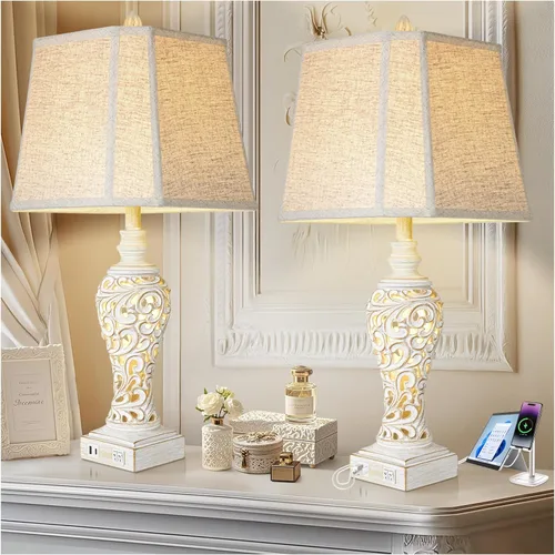 Vista 8 de Juego de 2 lámparas de mesa de noche con luz nocturna y puertos USB A+C, lámparas de mesa vintage de 27" de alto con acabado de hoja de plata