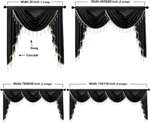 Vista 4 de Cenefas de cortina de terciopelo negro de lujo para sala de estar con cuentas (39 pulgadas, 1 panel)